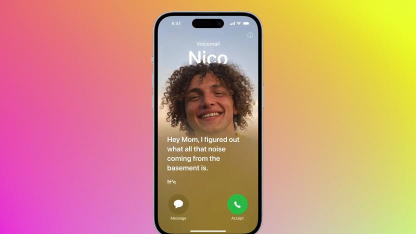 iPhone in the center of the screen. The phone has a live voicemail on it, including the contact picture of the caller (Nico, a young man with wild / fun hair) and a message that says, "Hey Mom, I figured out what all that noise coming from the basement is. It's..." The background is a colorful gradient shifting from pink to yellow.