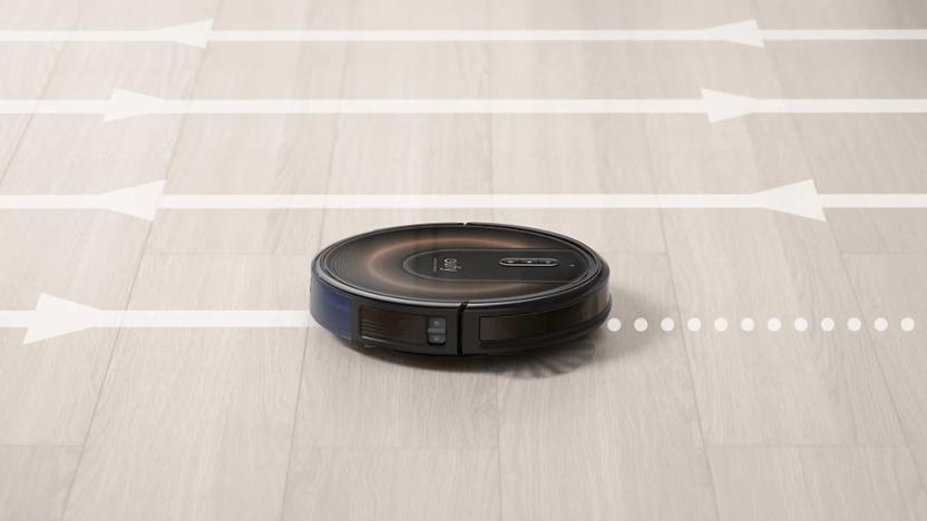 Anker's Eufy RoboVac G30 Edge robot vacuum with superimposed lines and arrows to show its travel path.