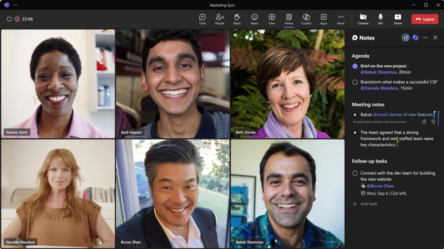 Still images of six people in a video conference with meeting notes at the right-hand menu