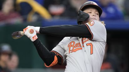 Associated Press - Baltimore Orioles' Jackson Holliday bats during the third inning of a baseball game against the Kansas City Royal Friday, April 19, 2024, in Kansas City, Mo. (AP Photo/Charlie Riedel)