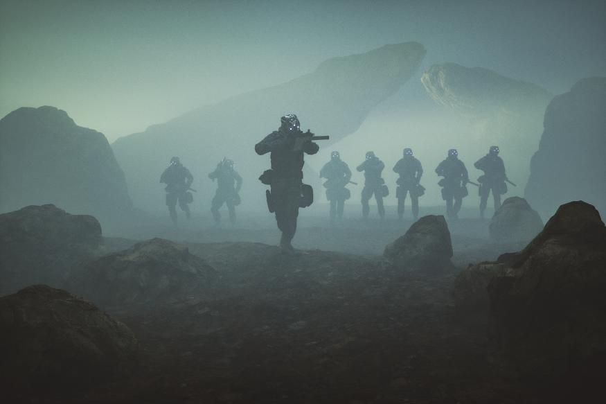 Futuristic soldiers walking over rocky terrain, 3D generated image.