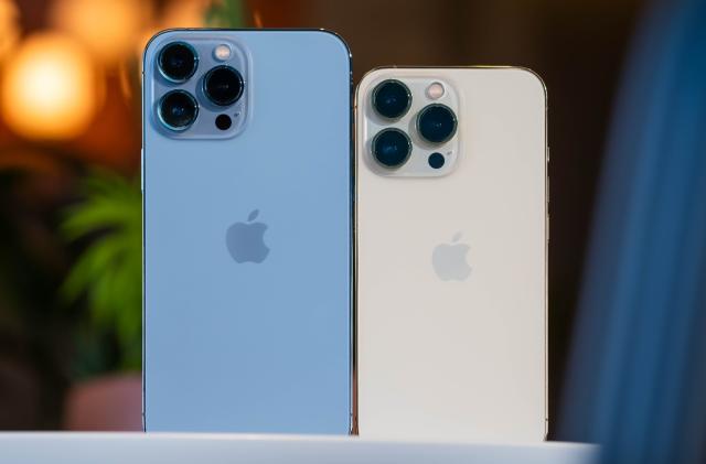 A blue iPhone 13 Pro Max and a starlight gold iPhone 13 Pro standing with their backs facing the camera.
