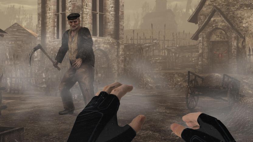 A screenshot from the Resident Evil 4 virtual reality remake, showing Leon's hands and a man with a scythe. 