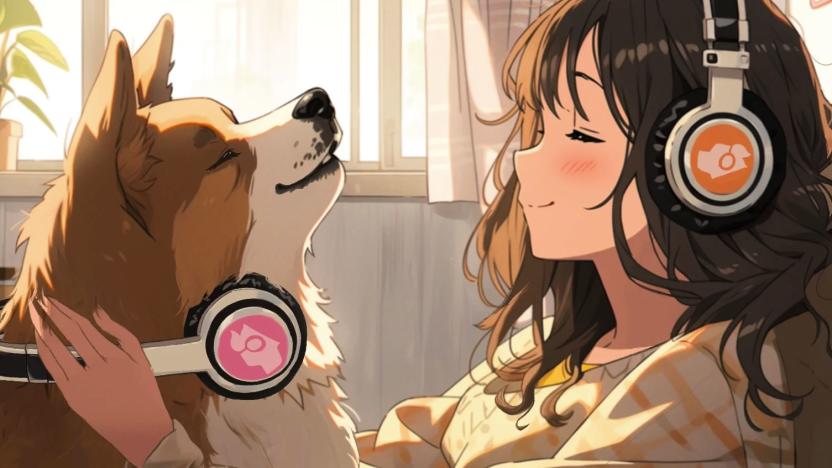 Cartoon promotional image of a girl wearing headphones while applying headphones to her dog.