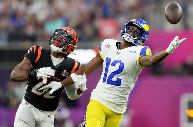 Feb 13, 2022; Inglewood, CA, USA; Los Angeles Rams wide receiver Van Jefferson (12) is unable to reach a pass as Cincinnati Bengals cornerback Chidobe Awuzie (22) defends in the second quarter during Super Bowl LVI, Sunday, Feb. 13, 2022, at SoFi Stadium in Inglewood, Calif.    Mandatory Credit: Kareem Elgazzar-USA TODAY Sports