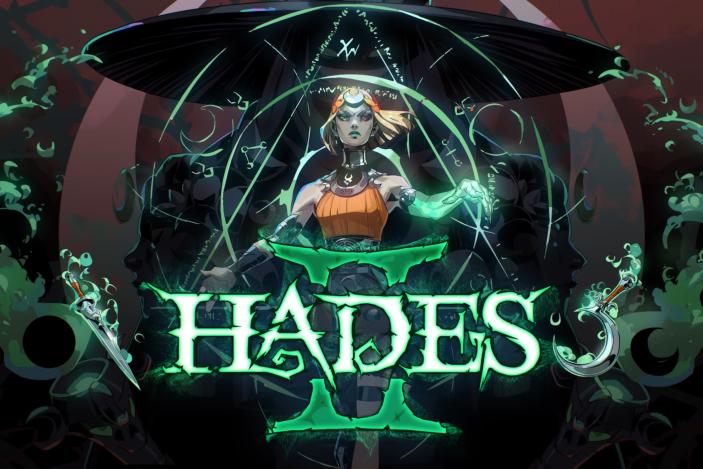 Hades II title screen, showing the protagonist, Melinoë. She stands casting a spell with groovy mystical art surrounding her.