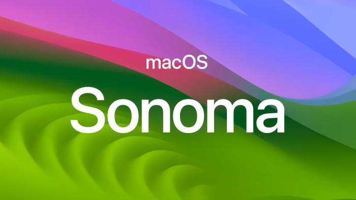 Apple slide image for macOS Sonoma. It includes the text "macOS Sonoma" over a colorful background that waves between green, blue and purple.
