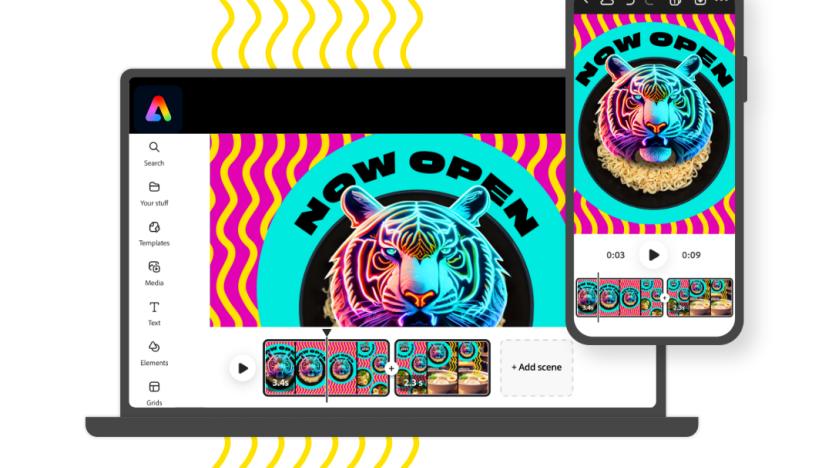 Image of a laptop and smartphone, showing Adobe Express generative AI features being used to create a video including an image reading "Now Open."
.
