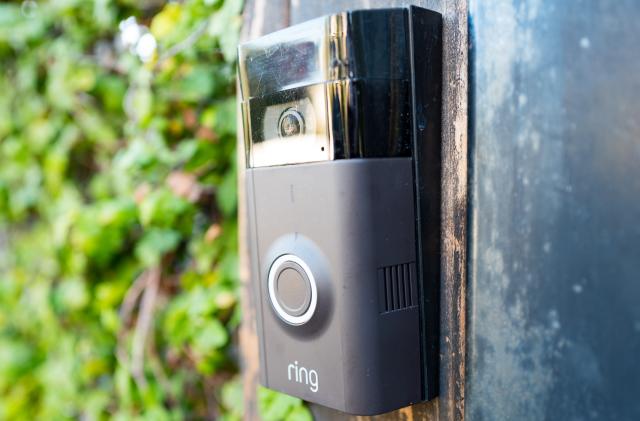 Close-up of Ring doorbell, equipped with a camera and machine learning capabilities, installed outside a home in the Marina Del Rey neighborhood of Los Angeles, California, October 21, 2018. (Photo by Smith Collection/Gado/Getty Images)