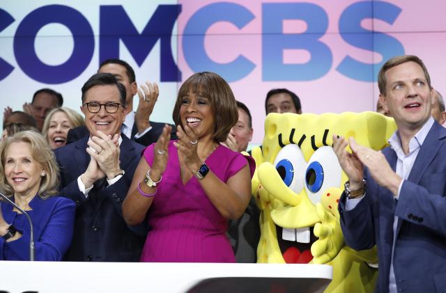 NEW YORK, NEW YORK - DECEMBER 05: (L_R) Sherri Redstone, Stephen Colbert, Gayle King and Nelson Griggs attend as  ViacomCBS Inc. rings the opening bell at NASDAQ on December 05, 2019 in New York City. (Photo by John Lamparski/Getty Images)