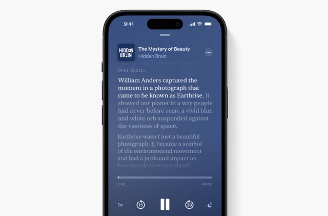 A phone showing a transcription from an Apple podcast.
