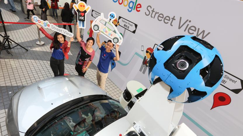 (L to R) Cynthia Wei, Google Asia Pacific Street View Program Manager; Leonie Valentine, Managing Director of Sales and Operations, Google Hong Kong; and Raf Ho, Google Street View Operation Specialist, pose for a photograph as Google Maps gets a refresh for Hong Kong with Street View Car in Causeway Bay. 28NOV16 SCMP/Felix Wong (Photo by Felix Wong/South China Morning Post via Getty Images)