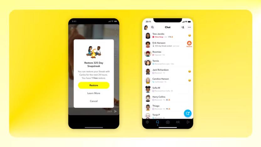 Screenshots of Snap Restore, which restores lost Snapstreaks, against a yellow background.