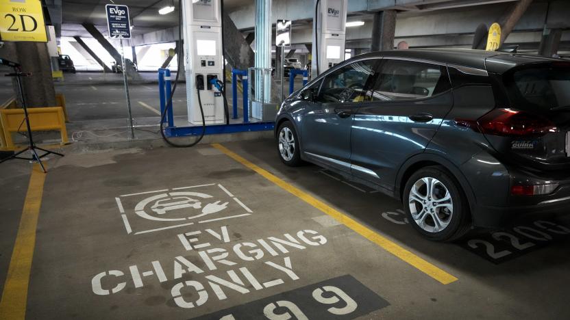 WASHINGTON, DC - APRIL 22: Electric vehicles are displayed before a news conference with White House Climate Adviser Gina McCarthy and U.S. Secretary of Transportation Pete Buttigieg about the American Jobs Plan and to highlight electric vehicles at Union Station near Capitol Hill on April 22, 2021 in Washington, DC. The Biden administration has proposed over $170 billion in spending to boost the production of zero-emission buses and cars and increase the number of EV charging stations. (Photo by Drew Angerer/Getty Images)