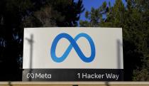 FILE - Meta's logo is seen on a sign at the company's headquarters in Menlo Park, Calif., Nov. 9, 2022. A lawsuit filed Wednesday, May 1, 2024, against Facebook parent Meta Platforms Inc. is arguing that a federal law often used to shield internet companies from liability also allows people to use external tools to take control of their feed — even if that means shutting it off entirely. (AP Photo/Godofredo A. Vásquez, File)