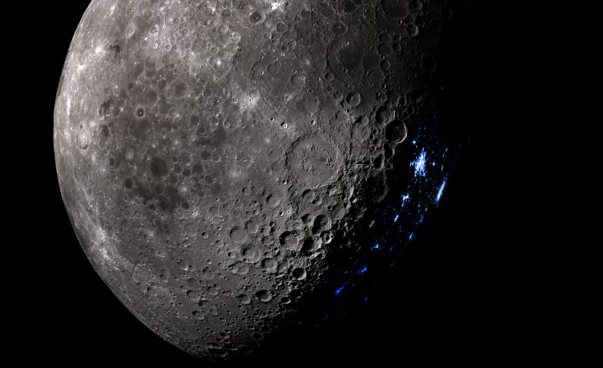 An image of the Moon with blue lights on the surface, as if to indicate a human presence.