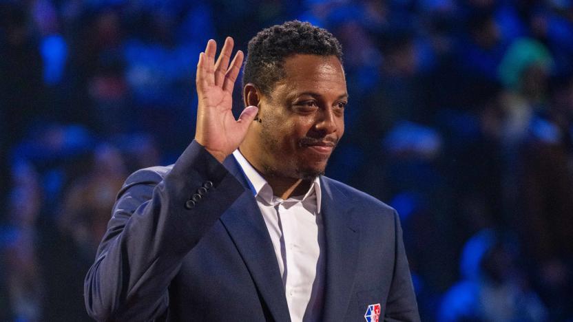 February 20, 2022; Cleveland, Ohio, USA; NBA great Paul Pierce is honored for being selected to the NBA 75th Anniversary Team during halftime in the 2022 NBA All-Star Game at Rocket Mortgage FieldHouse. Mandatory Credit: Kyle Terada-USA TODAY Sports