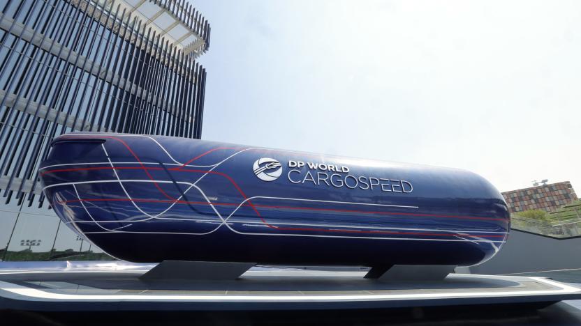 A model of a cargo hyperloop (ultra-high-speed ground transportation) by UAE's company DP World is pictured at Dubai's Expo 2020, on October 10, 2021. (Photo by GIUSEPPE CACACE / AFP) (Photo by GIUSEPPE CACACE/AFP via Getty Images)