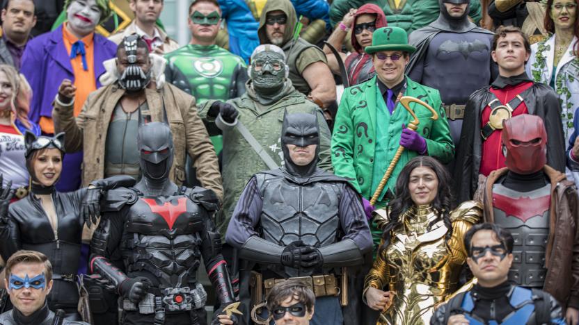 ANAHEIM, CALIFORNIA - APRIL 03: A group of DC Comics cosplayers pose for photos at WonderCon 2022 Day 3 at Anaheim Convention Center on April 03, 2022 in Anaheim, California. (Photo by Daniel Knighton/FilmMagic)