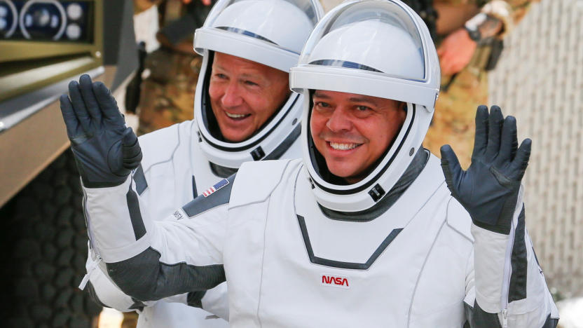 NASA astronauts Douglas Hurley and Robert Behnken head to launch pad 39 to board a SpaceX Falcon 9 rocket for a second launch attempt on NASA?s SpaceX Demo-2 mission to the International Space Station from NASA?s Kennedy Space Center in Cape Canaveral, Florida, U.S.  May 30, 2020. REUTERS/Joe Skipper