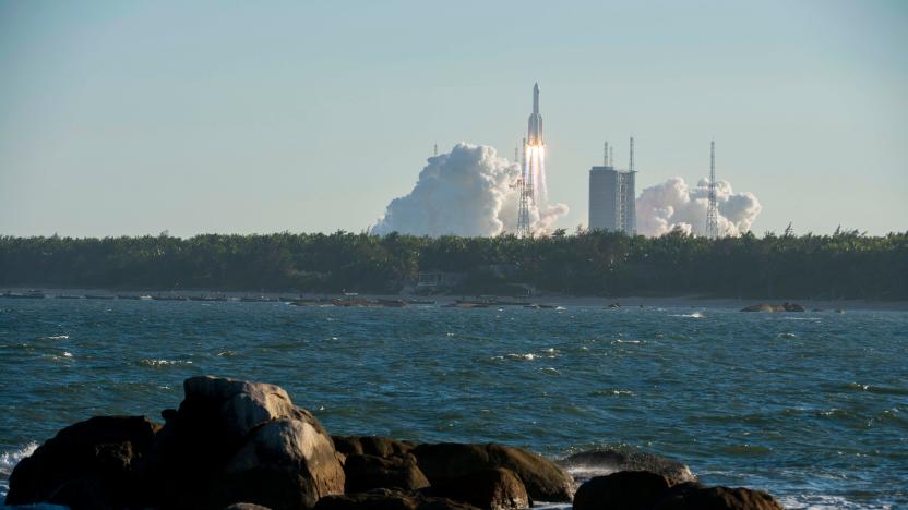 A Long March 5B rocket lifts off from the  the Wenchang launch site on China's southern Hainan island on May 5, 2020. - Chinese state media reported the "successful" launch of a new rocket on May 5, a major test of its ambitions to operate a permanent space station and send astronauts to the Moon. (Photo by STR / AFP) / China OUT (Photo by STR/AFP via Getty Images)