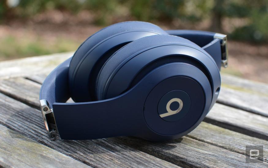 Blue Beats Studio3 headphones on a picnic table. 
