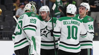 Getty Images - LAS VEGAS, NEVADA - APRIL 29: Jake Oettinger #29 of the Dallas Stars celebrates with teammates after a 4-2 victory against the Vegas Golden Knights in Game Four of the First Round of the 2024 Stanley Cup Playoffs at T-Mobile Arena on April 29, 2024 in Las Vegas, Nevada. (Photo by Zak Krill/NHLI via Getty Images)