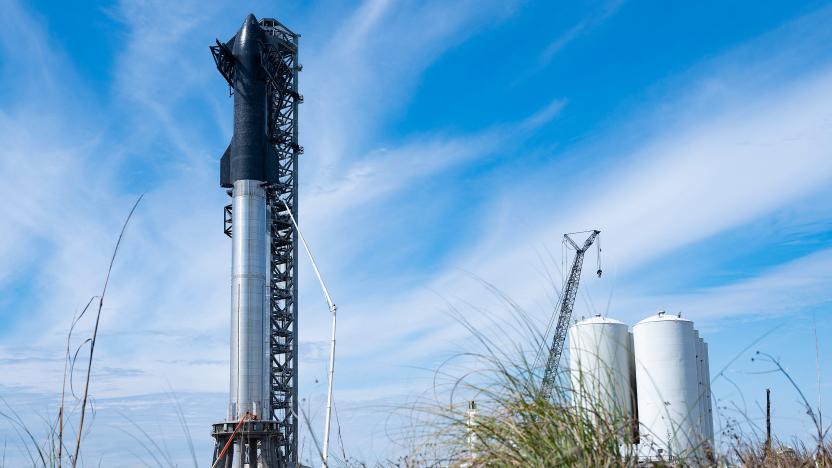 SpaceX's first orbital Starship SN20 is stacked atop its massive Super Heavy Booster 4 at the company's Starbase facility near Boca Chica Village in South Texas on February 10, 2022. - Elon Musk's SpaceX has reassembled the world's tallest rocket ahead of a highly anticipated update on the company's Starship program in South Texas. (Photo by JIM WATSON / AFP) (Photo by JIM WATSON/AFP via Getty Images)