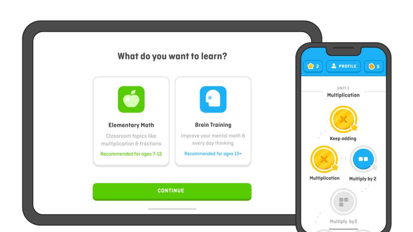 A render if a tablet and a smartphone, showing Duolingo's new Math app.