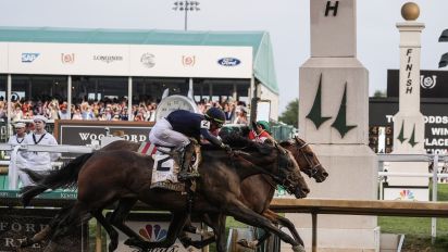 Associated Press - Sierra Leone, with jockey Tyler Gaffalione, (2), Forever Young, with jockey Ryusei Sakai, and Mystik, with jockey Dan Brian Hernandez Jr., cross finish line at Churchill Downs before the 150th running of the Kentucky Derby horse race Saturday, May 4, 2024, in Louisville, Ky. (AP Photo/Kiichiro Sato)