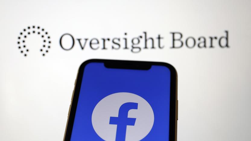 ANKARA, TURKEY - MAY 07: Facebook logo is seen on a smartphone as Oversight Board at the background in Ankara, Turkey on May 07, 2020. (Photo by Hakan Nural/Anadolu Agency via Getty Images)