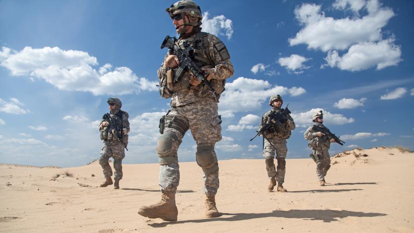 United States paratroopers airborne infantrymen in action in the desert