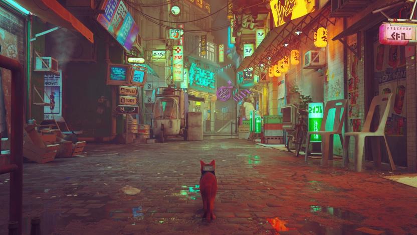 Stray's cat walks through a section of the game's post-human city, with neon lights shining in the background. 