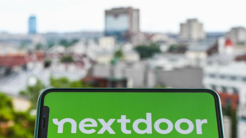 Nextdoor logo is seen displayed on a phone screen in this illustration photo taken in Krakow, Poland on July 3, 2021. (Photo illustration by Jakub Porzycki/NurPhoto via Getty Images)