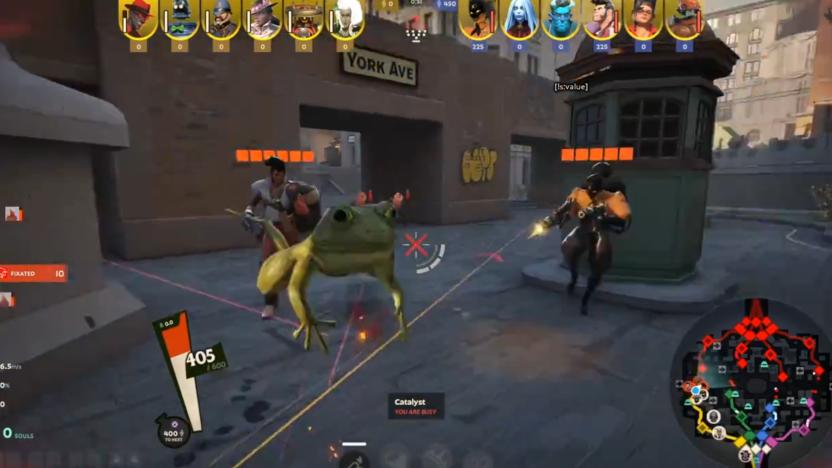 Enemy players fire guns at a frog in Deadlock.