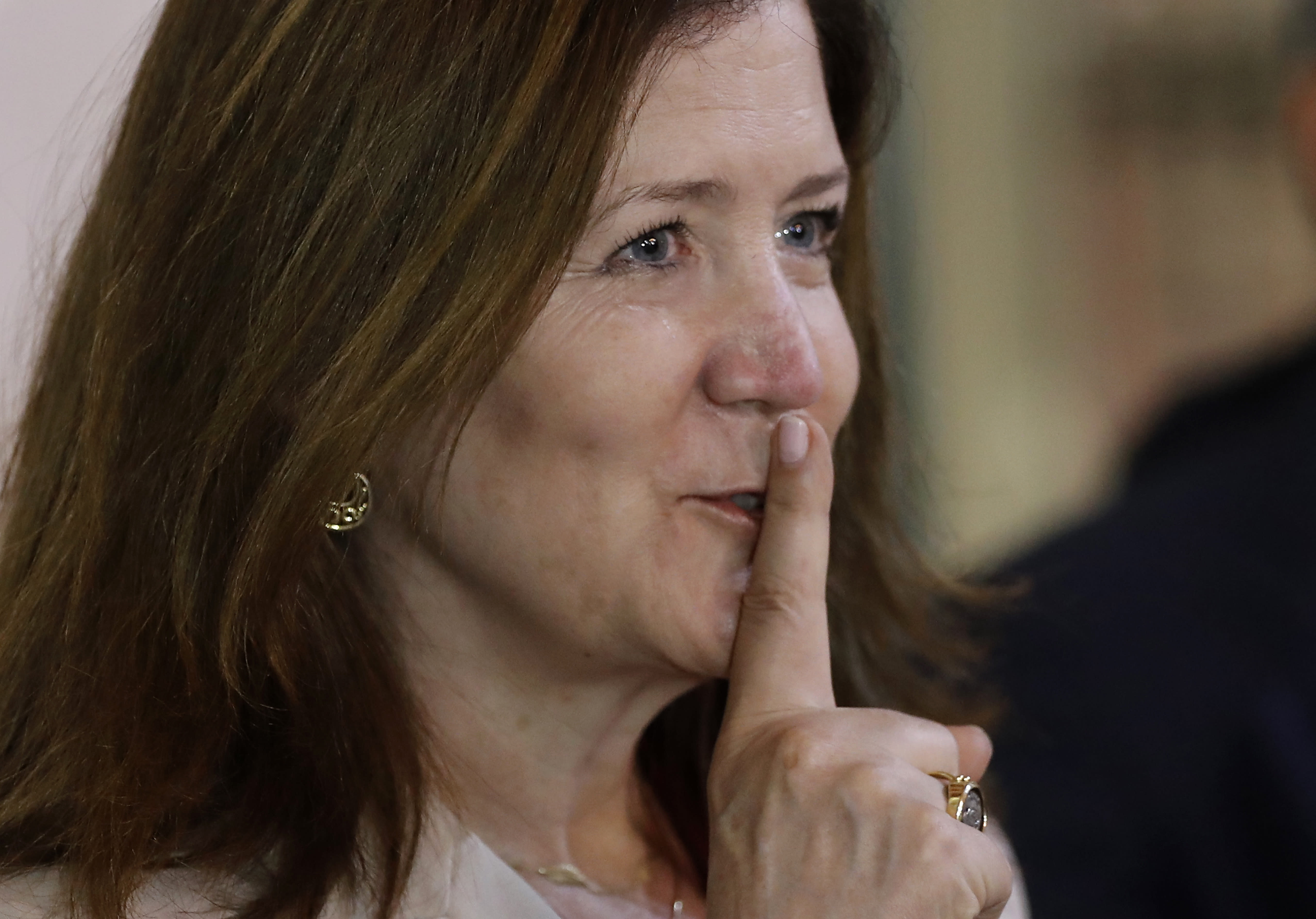 U.S. Ambassador to Lebanon Dorothy Shea, gestures after her meeting with Lebanese Foreign Minister Nassif Hitti, in Beirut, Lebanon, Monday, June 29, 2020. Hitti and Shea discussed a court ruling issued over the weekend in which a Lebanese judge banned local and foreign media outlets in the country from interviewing the ambassador for a year over comments she made regarding the powerful Hezbollah group. (AP Photo/Hussein Malla)