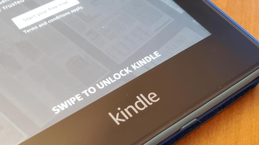 Close-up of logo for Amazon Kindle on Kindle Ebook reader, Lafayette, California, September 30, 2021. (Photo by Smith Collection/Gado/Getty Images)