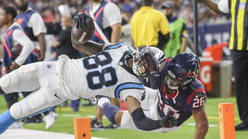 HOUSTON, TX - SEPTEMBER 23:  Carolina Panthers wide receiver Terrace Marshall Jr. (88) dives toward the corner of the end zone during the football game between the Carolina Panthers and Houston Texans on September 23, 2021 at NRG Stadium in Houston, Texas.  (Photo by Leslie Plaza Johnson/Icon Sportswire via Getty Images)