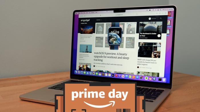 MacBook Air with a Prime Day logo superimposed on top.