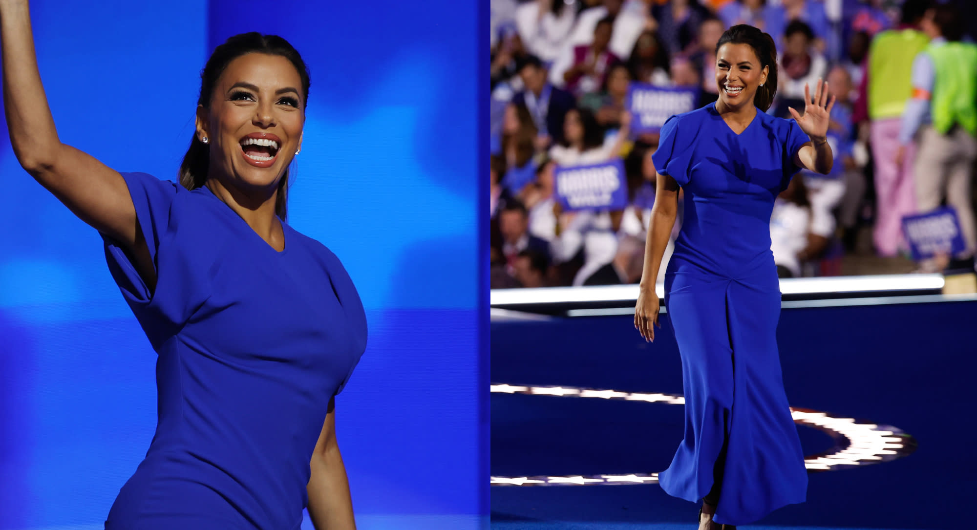 Eva Longoria Goes Blue in Victoria Beckham Body-con Dress for 2024 Democratic National Convention’s Final Night Chant: ‘She Se Puede’