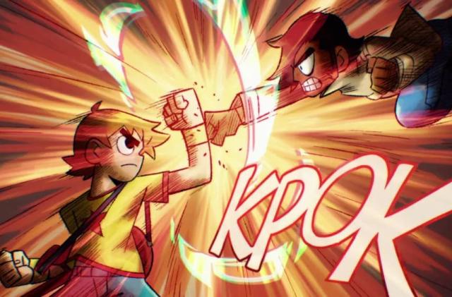 A frame from the Scott Pilgrim Takes Off anime. A young male character uses his forearm to block a flying attack from another. There's an explosion graphic in the background and the onomatopoeic term "KPOK" is shown in large lettering.