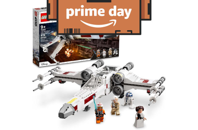 Lego Star Wars X-Wing kit with a Prime Day logo superimposed on top.