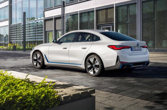 A rear shot of the BMW i4 Drive35's exterior. 