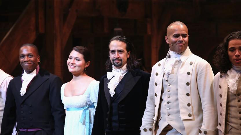 NEW YORK, NY - AUGUST 06: (L-R) Leslie Odom; Jr., Phillipa Soo, Lin-Manuel Miranda and Christopher Jackson attend "Hamilton" Broadway Opening Night at Richard Rodgers Theatre on August 6, 2015 in New York City.  (Photo by Neilson Barnard/Getty Images)