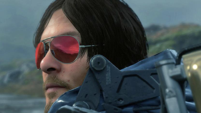 A still from the video game 'Death Stranding' showing the closeup of a character wearing red-tinted sunglasses.