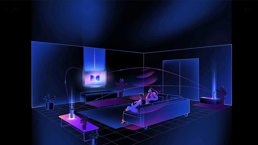 A living room scene with a black background and purple wire framing show how the new Dolby Atmos FlexConnect connects wireless surround speakers through the TV.