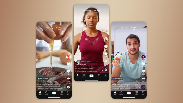 View of three phone screens showing various aspects of TikTok: recipes, meditation and tutorials.