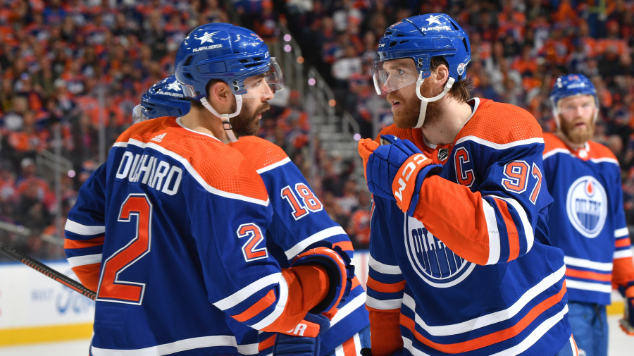 Getty Images - EDMONTON, CANADA - MAY 29: Connor McDavid #97 and Evan Bouchard #2 of the Edmonton Oilers discuss the play against the Dallas Stars in Game Four of the Western Conference Final of the 2024 Stanley Cup Playoffs at Rogers Place on May 29, 2024, in Edmonton, Alberta, Canada. (Photo by Andy Devlin/NHLI via Getty Images)