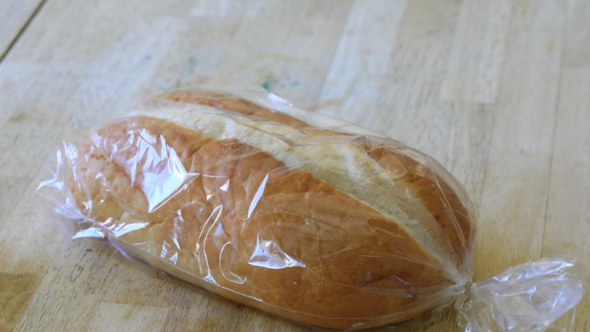 Loaf of bread in a clear plastic bag