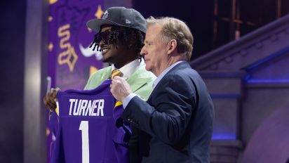 Getty Images - DETROIT, MI - APRIL 25: Alabama Defensive End Dallas Turner poses with NFL Commissioner Roger Goodell after being taken by the Minnesota Vikings with the 17th overall pick during Day 1 of the NFL Draft on April 25, 2024 at Campus Martius Park and Hart Plaza in Detroit, MI. (Photo by John Smolek/Icon Sportswire via Getty Images)